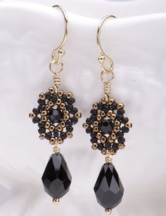 Beadwoven Drop Earrings / Black Swarovski by littlemusedesigns Elegant Black Bead Earrings, Black Beaded Evening Earrings, Handmade Black Evening Earrings, Handmade Black Earrings For Evening, Black Handmade Earrings For Evening, Chic Handmade Black Earrings, Handmade Black Earrings For Party, Handmade Black Party Earrings, Evening Earrings With Black Beads