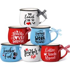 five coffee mugs with different designs and words painted on the inside one is red, white, blue, and black