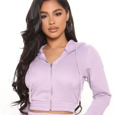 Size Large Cropped Fashion Nova Hoodie. Looks Just Like The Picture, Runs Small. More Like A Medium If You Want It All The Way Zipped Up. New Without Tags. Lavender Long Sleeve Sweatshirt For Spring, Lavender Long Sleeve Sweatshirt For Loungewear, Long Sleeve Lavender Sweatshirt For Loungewear, Casual Lavender Sweatshirt For Spring, Winter Lavender Sweatshirt, Lavender Top For Spring Streetwear, Sporty Long Sleeve Lavender Top, Sporty Lavender Long Sleeve Top, Casual Heather Hooded Top