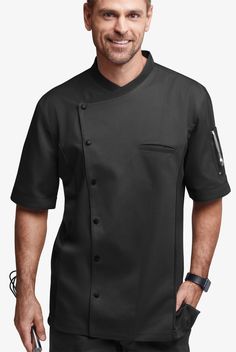 Our exclusive relaxed fit chef coat has short sleeves with mesh side panels for added coolness. Chest pocket and thermometer pocket and a snap front for simple wear. Made of soft, easy care 65/35 poly/cotton. Approximate length for size Large is 31 ¼". • Relaxed fit • Wrap stand collar • Assymetrical closure • Snap closure • Total of 2 pockets • 1 welt chest pocket • 1 pen pocket on left sleeve • Short Sleeves • Tech mesh side panels • side vents • Approximate length for size Large is 31 ¼". Was Restaurant Uniform, Chef Uniforms, Short Sleeve Coat, Restaurant Uniforms, Chef Jackets, Chef Uniform, Chef Coat, Sushi Bar, Basic Fits