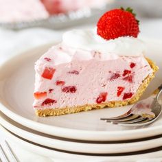 a slice of strawberry cream pie on a plate