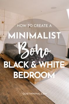 a bed sitting on top of a wooden floor next to a white rug in a room