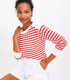 Stripe Mesh Stitch Boatneck Sweater Red Striped Sweater, Mesh Stitch, Petite Sweaters, Hip Style, Exclusive Clothing, Petite Pants, Boatneck Sweater, Petite Tops, Red And White Stripes