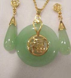 Natural Light Green Jade Yellow Gold Plated Fortune Pendant Necklace Earring Set Vintage Garter Belt, Jade Necklace Pendant, Crystal Ship, Round Pendant Necklace, Jade Necklace, Natural Jade, Jade Pendant, Green Jade, Round Pendant