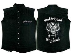 "Official Motorhead printed sleeveless black denim work shirt with the Motorhead embroidered logo on the front pocket and Snaggletooth Warpig printed on the back.  This work shirt is designed with frayed edging. Available in sizes from medium to x-large. Size Measurements (laid flat): MEDIUM Length (collar to hem) 62cm (24.5\"), width (pit to pit) 60cm (24\") LARGE Length (collar to hem) 66cm (26\"), width (pit to pit) 62cm (24.5\") X LARGE Length (collar to hem) 70cm (27.5\"), width (pit to pit) 65cm (26\") Material: 100% cotton Colour: Black Front Print: Yes Back Print: Yes Great for any fan!" Fitted Cotton Vest For Streetwear, Summer Black Denim Vest For Streetwear, Black Cotton Sleeveless Denim Vest, Black Sleeveless Cotton Denim Vest, Black Sleeveless Cotton Shirt, Cotton Biker Top For Biker Events, Casual Cotton Shirt For Biker Events, Black Cotton Punk Vest, Biker Style Cotton Shirt For Streetwear