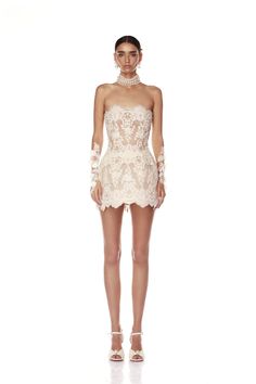 Maraya Blanc Lace Mini Dress - BRONX AND BANCO Reception Dress Lace, Short Bride Dresses, White Reception Dress, Bridal Mini Dress, Bridal Mini, Structured Skirt, Short Bride, Engagement Party Dresses, Bronx And Banco