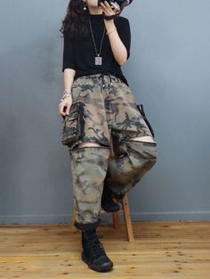 Style: Street Material: Denim Pattern: Camouflage Length: Full Length Decoration: Pocket Closure Type: Drawstring Silhouette: Loose Gender: Female Season: Spring/Fall #cargopants #camo #shorts #longpants Spring Combat Pants With Pockets, Combat Cargo Style Bottoms For Summer, High Waist Military Style Bottoms For Streetwear, Military High Waist Bottoms For Streetwear, Summer Combat Cargo Style Bottoms, Summer Combat Cargo Bottoms, Camouflage Wide Leg Cargo Bottoms, Camouflage Bottoms With Pockets For Summer, Baggy Military Cargo Bottoms