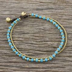 Brass and Calcite Beaded Anklet from Thailand - Ringing Beauty | NOVICA Crazy Person, Beautiful Anklet, Carnelian Bracelet, Beaded Anklet, Making Bracelets, Brass Bell, Blue Calcite, Brass Bells, Popular Jewelry