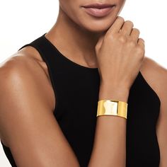 Ross-Simons - Italian 14kt Yellow Gold Wide Cuff Bracelet. 8". A minimalist design. A substantial silhouette. A phenomenal shine. This 1 1/8" cuff bracelet was crafted in Italy from brightly polished 14kt yellow gold. Flexible fit. Slip-on, 14kt yellow gold cuff bracelet. Modern Yellow Gold Wide Band Bracelet, Modern Wide Band Jewelry For Formal Occasions, Elegant Wide Band Bangle For Formal Occasions, Polished Wide Band Bracelet For Formal Occasions, Modern Shiny Cuff Bangle Bracelet, Contemporary Formal Cuff Bracelet Bangle, Modern Yellow Gold Cuff Bracelet With Shiny Finish, Elegant Wide Band Cuff Bracelet With Polished Finish, Modern Shiny Yellow Gold Cuff Bracelet