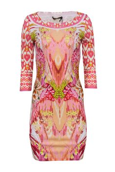 Current Boutique-Roberto Cavalli - Pink & White Floral Print Sheath Dress Sz 4 Stretch Mini Dress With Floral Print, Feminine Stretch Mini Dress With Floral Print, Elegant Printed Party Dresses, Spring Printed Patterned Dresses, Spring Patterned Printed Dresses, Elegant Patterned Midi Dress For Spring, Fitted Printed Mini Dress For Spring, Elegant Patterned Mini Dress, Elegant Patterned Summer Dress