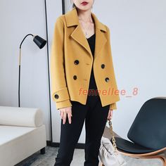 Women's Double-Sided Woolen Coat Short Autumn Double Breasted Casual Jacket | eBay Casual Yellow Winter Blazer, Casual Yellow Blazer For Winter, Fall Yellow Blazer With Button Closure, Yellow Blazer With Button Closure For Fall, Casual Yellow Outerwear For Office, Yellow Winter Outerwear With Button Closure, Yellow Fall Outerwear With Button Closure, Yellow Long Sleeve Outerwear For Office, Trendy Yellow Blazer For Fall