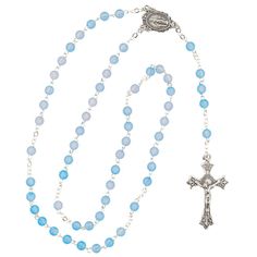 This blue zircon-beaded rosary makes a fantastic baptism or First Communion gift! A perfect religious gift for a December birthday, this high-quality rosary will be a treasured keepsake for years to come. Check out more birthstone gifts and religious gifts elsewhere on this website. Metal. 18 3/4" Blue Crucifix Necklace For Spiritual Purposes, Blue Crucifix Necklace For Spiritual Wear, Blue Rosary With 8mm Beads And Crucifix, Blue Rosary With Round Beads For Gift, Blue Beaded Rosary As A Gift, Blue Cross Jewelry With 8mm Beads, Blue Cross-shaped Jewelry With 8mm Beads, Blue Cross Rosary As Gift, Blue Cross Rosary For Gift