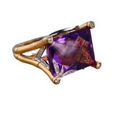 ~ Just purchased inventory of a high end boutique in Europe. All Carrera items are brand new/old stock, with tags removed for photographing. Current retails are significantly higher than noted on tags. Come with box and COA card ~ An 18k yellow gold ring by Carrera y Carrera, set with an amethyst and 0.42ct of G/VS diamonds. Current retail is €11,290. DESIGNER: Carrera y Carrera MATERIAL: 18k Yellow Gold GEMSTONES: Diamond, Amethyst DIMENSIONS: Size 7.5. Top is 22mm x 18mm MARKED/TESTED: CyC, Serial Number, 750 WEIGHT: 16.7 grams CONDITION: New; Old Stock. Comes with Packaging. Luxury Amethyst Diamond Ring For Gift, Luxury Amethyst Ring For Anniversary, Luxury Amethyst Ring For Formal Occasions, Luxury Amethyst Ring With Gemstone Accents As Gift, Luxury Rectangular Gemstone Ring, Elegant Rectangular Amethyst Ring In Yellow Gold, Luxury Polished Amethyst Ring For Wedding, Luxury Purple Amethyst Rectangular Ring, Luxury Rectangular Amethyst Ring