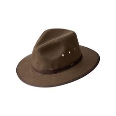 When you are knee-deep in rushing water, your Orvis Oilcloth Hat keeps you cool, dry, shaded, and organized! This men's outback-style hat is constructed from oil-treated fabric, which is known to be a better water-repellent than wax. Sporting a dapper leather band, its 3 brass eyelets in the crown provide cooling ventilation, while the Dry Zone elastic sweatband wicks away moisture from your brow. Tucked under the brim is a jaunty houndstooth check lining and built-in koala pouch to keep your hunting license protected and on-hand. Cold sponge clean. Imported.Manufacturer style #: 2Y490. Cotton/leather/nylon Water-repellent Dry Zone moisture-wicking sweatband Built-in koala pouch for licenses 3 brass crown eyelets for ventilation Houndstooth check lining Solid Color Short Brim Panama Hat For Outdoor, Classic Six-panel Outdoor Hat, Solid Color Brimmed Panama Hat For Outdoor, Rugged Fedora Hat For Outdoor, Brown Wide Brim Fedora For Outdoor Activities, Brown Six-panel Travel Hat, Outdoor Safari Fedora With Curved Brim, Adventure Wide Brim Brown Hat, Rugged Travel Hat With Curved Brim