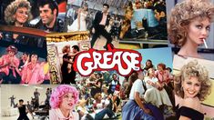 Colagem de imagens e cenas do filme grease com o símbolo do filme (o nome escrito em um carro vermelho) no centro da colagem. Laptop Wallpaper 90s, Movie Laptop Wallpaper, Grease Aesthetic, 50s Wallpaper, Destop Wallpaper, Musical Wallpaper, 50s Aesthetic, Sandy Grease, Grease Movie