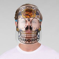 Mexican Sugar Skull Face Shield, Adult Unisex, Size: Large, Sea Shell / Saddle Brown / Golden Rod Halloween Themed Full Face Costume Accessories, Themed Full Face Halloween Costume Accessories, Sugar Skull Face, Mexican Sugar Skull, Mexican Flowers, Peach Puff, Drawing Face, Flowers Drawing, Golden Rod