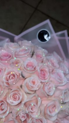 a bunch of pink roses in a clear box with some water droplets on the petals