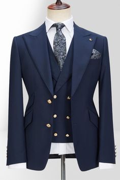 Discover Michell Chic Navy Blue Peaked Collar Three Piece Wedding Suit | Gold Buttons with bradymensuit. Shop for a range of Dark Navy Peaked Lapel men's suits for every occasion with rush order service in cheap price. Elegant Royal Blue Tuxedo With Suit Collar, Royal Blue Tuxedo With Suit Collar For Wedding, Royal Fitted Tuxedo For Formal Occasions, Royal Fitted Tuxedo For Formal Events, Fitted Royal Blue Tuxedo For Semi-formal Occasions, Elegant Royal Blue Notch Lapel Tuxedo, Royal Blue Wedding Tuxedo With Suit Collar, Slim Fit Single Breasted Wedding Sets, Royal Blue Fitted Tuxedo With Notch Lapel