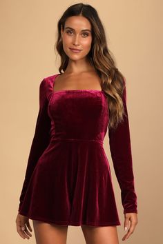 Lulus Exclusive! Be ready for all the holiday festivities in the Lulus Feeling Cheery Burgundy Velvet Long Sleeve Tie-Back Romper! Soft and stretchy velvet shapes this romper with a square neckline, long sleeves, and a princess-seamed bodice atop relaxed shorts. The open back has a tying sash and a button closure at the neck. Hidden back zipper/clasp. Fitted Velvet Dress For Date Night Holiday, Fitted Velvet Dress For Holiday Date Night, Long Sleeve Velvet Dress For Holidays, Fitted Long Sleeve Velvet Holiday Dress, Burgundy Velvet Party Dress, Long Sleeve Velvet Dress For Party Season, Fitted Velvet Long Sleeve Dress For Party Season, Fitted Long Sleeve Velvet Dress For Party Season, Long Sleeve Velvet Dress For Costume Party