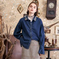 Embroidered Collar Bell Sleeve Denim Blouse - 55.96 Blue Embroidered Denim Blouse, Blue Embroidered Collared Blouse, Retro Embroidered Collared Top, Spring Bell Sleeve Embroidered Blouse, Vintage Blue Embroidered Blouse, Floral Sleeve, Dropped Shoulder Sweatshirt, Embroidered Collars, Denim Blouse