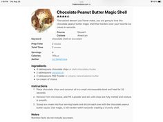 the chocolate peanut butter magic shell is on display in this website screen graber image