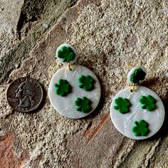 Beautiful Pearl Clay With Green Shamrock Lightweight Dangle Earrings - Perfect For St Patrick’s Day - Don’t Get Pinched For Not Wearing Green Minnie Mouse Earrings, Barbie Shoes, Green Shamrock, Stone Dangle Earrings, Faux Pearl Earrings, Costume Earrings, Wedding Bows, Wear Green, Square Earrings Studs