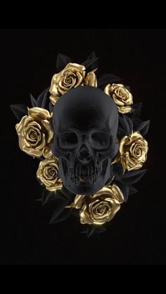 a skull surrounded by gold roses on a black background