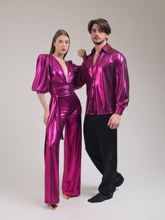 "Our matching Studio 54 party outfit is a special twin set, a piece of design that will make you feel different and special at all parties, festivals, disco-themed entertainments. Bright fuchsia wide sleeve, wide leg, deep V jumpsuit and our bright shirt with wide collar for partner is ready to fascinate everyone! The fuchsia jumpsuit with metallic reflections is quite ambitious with a deep V-neckline. It also has a noble appearance. This is exactly a piece of design. A great piece for private p 70s Outfits Men Party, Couples Disco Outfits, Fitted V-neck Evening Sets, Fitted Long Sleeve Party Set, Fitted Full-length Evening Sets, Fitted Party Sets, Fitted Party Sets For Party Season, Fitted Sets For Party Season, Fitted Long Sleeve Set For Costume Party