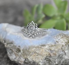 "Mandala Ring details: -Solid .925 sterling silver -Measures 10mm x 10mm - Ring band measures 1.4mm wide -Set of two includes Chevron Bead band 1.5mm -Comfortable and easily stackable! -Available in US sizes 4-10.5 with half sizes. Other rings shown here: https://www.etsy.com/shop/AWildViolet?ref=seller-platform-mcnav&section_id=13958646 Looking for a last minute or unique Christmas gift? Visit our \"READY TO SHIP\" section here, ships out in one business day https://www.etsy.com/shop/AWildViole Spiritual Silver Crystal Ring, Spiritual Sterling Silver Stackable Promise Rings, Spiritual Sterling Silver Toe Ring, Spiritual Stackable Crystal Open Ring, Spiritual Stackable Open Crystal Ring, Spiritual Silver Stackable Rings For Gift, Spiritual Silver Open Midi Rings, Nickel-free Sterling Silver Spiritual Crystal Ring, Silver Spiritual Midi Rings For Anniversary