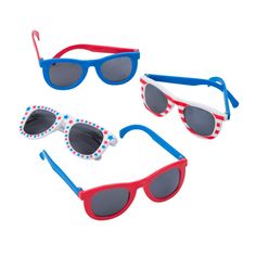 WHAT'S INCLUDED: The set includes 50 pairs of sunglasses in a variety red, white and blue colors and patterns. Assortment may vary.
GREAT DESIGN AND FIT: To be a great fit for most kids, these colorful sunglasses measure 5" with 4 1/2" earpieces.
EXCELLENT QUALITY: The sunglasses are made of durable plastic and feature shaded lenses. They are for novelty use only.
FUN FOR ANY EVENT: This fun sunglasses assortment will liven up the party by making any day feel sunny. It's great for party favor bags, beach parties or for pool parties.

This pack of 50 colorfully patriotic sunglasses are a perfect addition to Fourth of July and patriotic event party favors or take-home treats. Hand them out at parades or picnics and watch smiles grow.

Specs: 
Size: 5" with 4 1/2" earpieces
Quantity: 50
Mater Playful Red Sunglasses With Uv Protection, Playful Multicolor Polarized Sunglasses, Glowing Glasses, Fun Sunglasses, Colorful Sunglasses, Novelty Sunglasses, Plastic Champagne Flutes, Beach Parties, Pool Parties