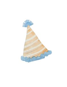 a watercolor drawing of a party hat with blue trim and fringe on the top