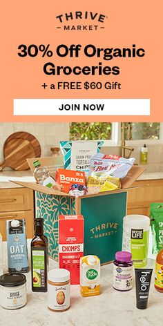 an advertisement for organic groceries on the counter with products in front of it and text that reads, extra 30 % off organic groceries plus $ 50 free gift today