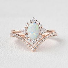 Lab Opal & Moissanite 14K Gold Ring Set 2pcs - Felicegals 丨Wedding ring 丨Fashion ring 丨Diamond ring 丨Gemstone ring--Felicegals Antique Wedding Rings Sets, Vintage Halo Ring, 14k Gold Opal Ring, Opal Engagement Ring Set, Halo Ring Setting, Anniversary Ring Set, Cute Engagement Rings, Future Engagement Rings, Opal Wedding Rings