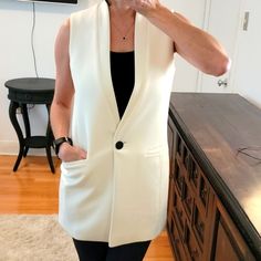 Cream Vest Jacket, Excellent Condition. Never Worn. Versatile White Outerwear With Pockets, Chic Tailored Outerwear For Day Out, Versatile White Outerwear For Spring, Chic Cream Outerwear For Work, Chic Outerwear With Pockets For Layering, Chic Beige Blazer For Layering, White Outerwear For Business Casual, Chic Cream Outerwear For Business Casual, White Business Casual Outerwear For Fall