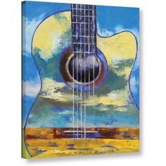 a painting of an acoustic guitar in front of a blue sky with clouds and grass