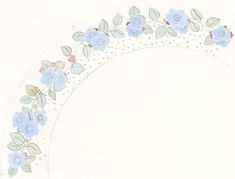 a white plate with blue flowers and leaves on the edge is shown in this image