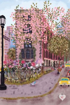 a painting of a city street with cars parked on the side walk and trees in bloom