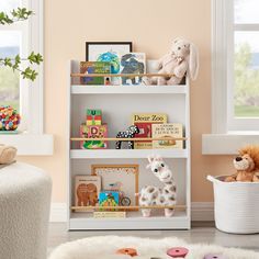 a white book shelf filled with lots of books next to a potted plant and stuffed animals