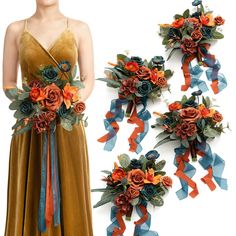 a woman in a brown dress holding two bouquets with orange and blue flowers on them