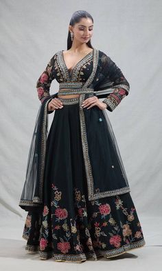 Black attached cancan lehenga with all over flower garden embroidery. Paired with a padded blouse with floral, geometric, beads embroidery and dupatta with embroidered border and belt. - Aza Fashions Black Lehenga With Floral Embroidery, Flower Garden Embroidery, Cape Lehenga, All Over Flower, Cancan Lehenga, Kurta Lehenga, Lehenga Pattern, Neck Flower, Garden Embroidery