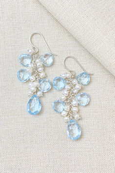 Blue Topaz Bridal Earrings with Pearls in Sterling Silver Cluster Jewelry, Blue Pearl Earrings, Silver Jewelry Necklace, Clear Blue Sky, Blue Topaz Earrings, Sky Blue Topaz, Topaz Earrings, White Freshwater Pearl, Blue Pearl