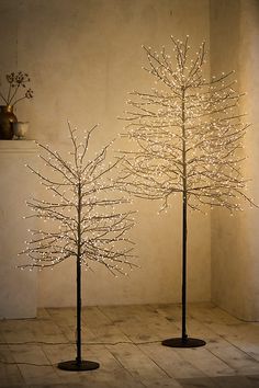 three trees with lights on them in a room