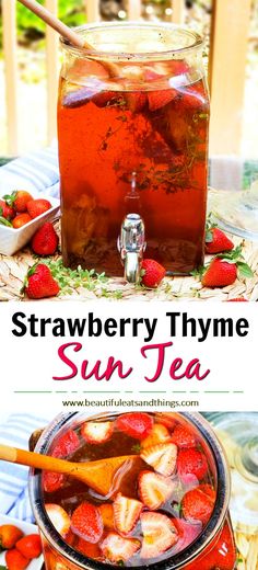 strawberry thyme sun tea in a jar with strawberries