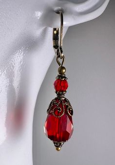 Victorian Style Earrings with Red Teardrop Crystal Beads. The earrings are just under 2 inches long and come in a gift box. Victorian Style Earrings, Romantic Earrings, Vintage Style Earrings, Earrings Teardrop, Red Earrings, Antique Earrings, Brass Earrings, Earrings Vintage, Style Earrings