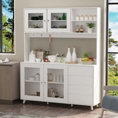 This storage cabinet is a multifunctional item that stores your kitchenware and provides ample space for meal prep. It's crafted from engineered wood, and it comes in a weathered light brown tone with sleek black-hued paneling for a modern look. Plus, it features two shelves on top, four drawers on the bottom, and two separate 2-door cabinets that make it a cinch to organize plates, glasses, and more. Three additional pegs attached to a backboard serve as a spot to hang towels and oven mitts. We Tall Kitchen Pantry Cabinet, Pantry Cabinet Free Standing, Kitchen Hutch Cabinet, Cupboard Pantry, White Pantry, Microwave Shelf, Wooden Kitchen Cabinets, Hutch Cabinet, Kitchen Hutch