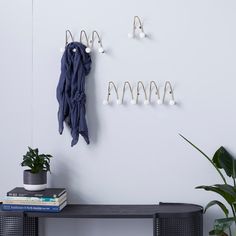 there is a coat rack on the wall next to a table with books and plants