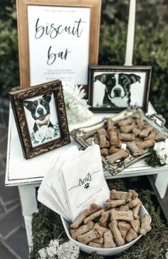 there is a dog treat in the bowl and some pictures on the table behind it