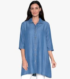 Inspired by the classic shape of our best-selling Tiburon Tunic, the Mendocino Tunic is your casual go-to style. This easy-to-wear Tencel® denim top shows off welted front pockets, a pleated back for ultimate comfort, and 3/4 length sleeves. Experience the luxurious feel of this eco-denim topper! All SALE styles are FINAL SALE only and cannot be exchanged or returned. For more information please read our Returns & Exchanges policy in the footer of our website under Support. Know your size. Go to Fitted Denim Tops, Versatile Fitted Denim Tops, Denim Tops With Pockets And Straight Leg, Relaxed Fit Light Wash Tops With Buttoned Pockets, Light Wash Tops With Buttoned Pockets And Relaxed Fit, Spring Denim Top With Button Closure And Relaxed Fit, Relaxed Fit Denim Top With Button Closure For Spring, Classic Relaxed Fit Medium Wash Denim Top, Light Wash Relaxed Fit Top With Buttoned Pockets