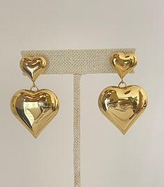 Gold filled bold heart earrings, long 2 inch Double Heart Earrings With Heart Print, Double Heart Earrings For Valentine's Day, Valentine's Day Double Heart Earrings, Big Earrings Gold, Bold Earrings, Big Earrings, Earrings Long, Gold Heart, Ear Jewelry