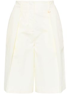 light yellow cotton-silk blend pleat detailing high-waisted concealed front fastening two rear patch pockets straight leg Elegant Cotton Bermuda Shorts, Elegant Cotton Bermuda Shorts For Spring, Chic Cotton Knee-length Shorts, Elegant Knee-length Cotton Bermuda Shorts, Chic Yellow Bottoms With Built-in Shorts, Yellow Cotton Shorts With Pockets, Chic Yellow Shorts With Built-in Lining, Yellow Bottoms With Built-in Shorts And Relaxed Fit, Chic Yellow Shorts With Built-in Shorts